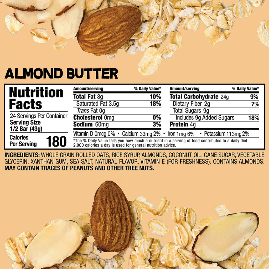 Bobo's Almond Butter Oat Bars, Gluten Free, Non-GMO, Whole Grain Oats, Pack of 12 | Snack Bars | On-the-Go | Made with Simple Ingredients