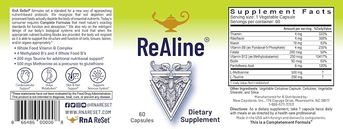 RnA ReSet ReAline – Methylated B Complex with Taurine & Methionine, Active B Vitamins, Detox & Methylation Support (60 Capsules) NSF Certified