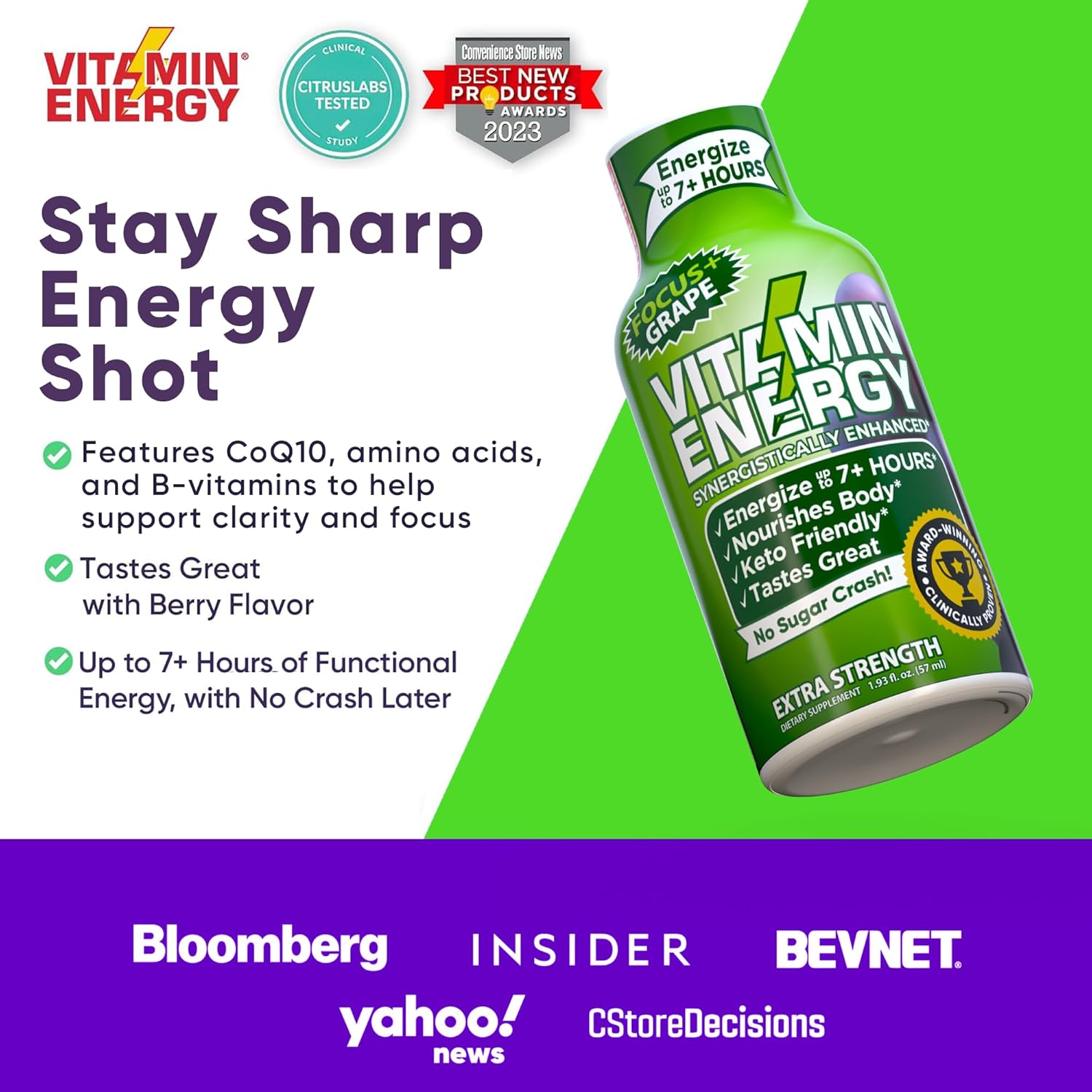 Vitamin Energy Focus+ Extra Strength Energy Shot Grape 8 Pack, 260mg Natural Caffeine, B-Vitamins, CoQ10, Amino Acids, Focus, Productivity & Clarity, Zero Sugar, Gluten-Free, 1.93 fl oz