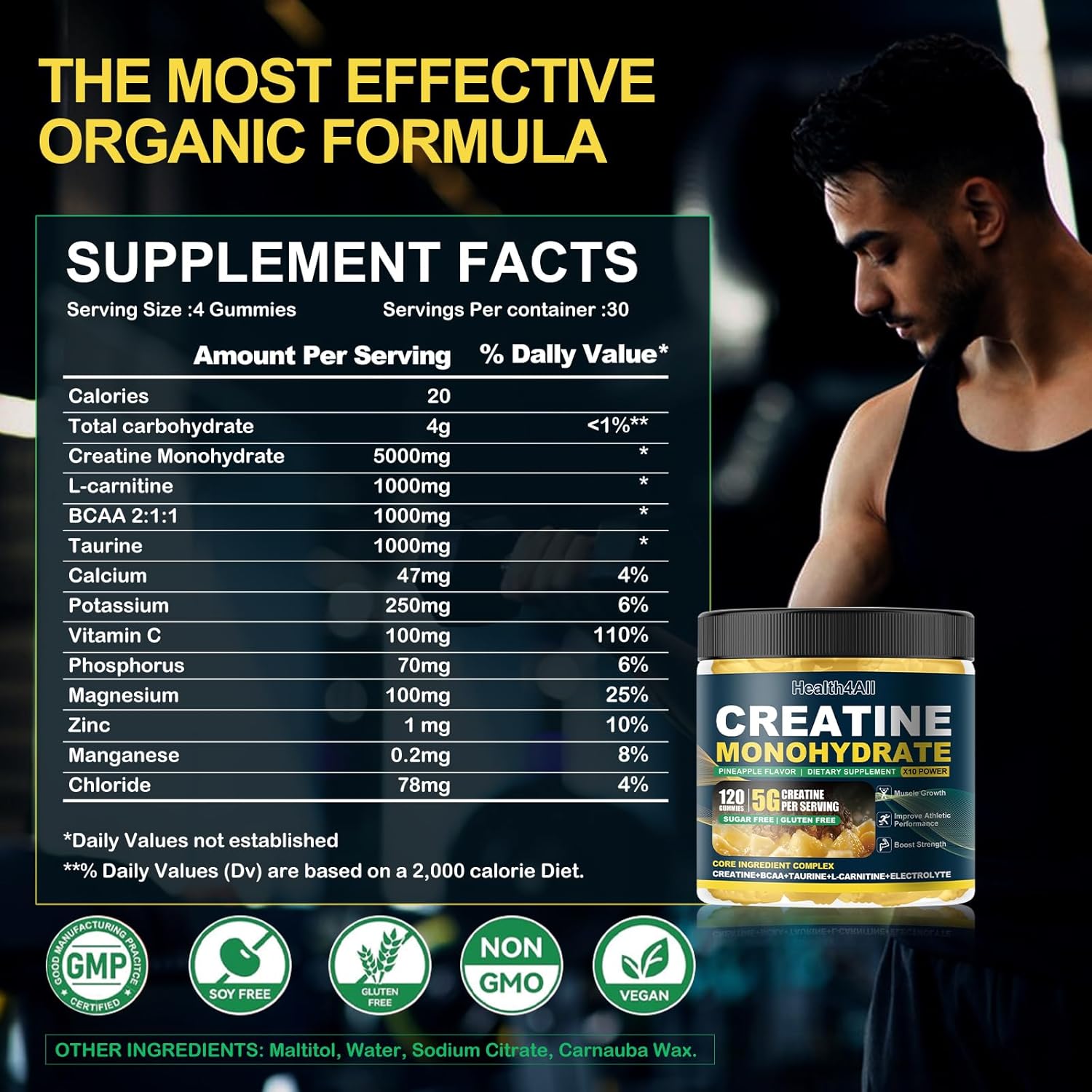Health4All Creatine Monohydrate Gummies 5G for Men & Women, Preworkout Supplement for Energy & Muscle Growth Support with Electrolyte, BCAA, L-Carnitine & Taurine- Pineapple 120 Gummy