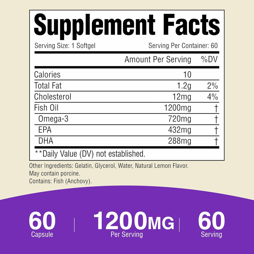 Omega-3 Fish Oil 1200mg, Lemon Flavour, High Potency EPA & DHA, Burpless Fish Oil Softgels for Heart, Brain & Joint Support, Omega 3 Supplement for Women & Men – 60 Softgels