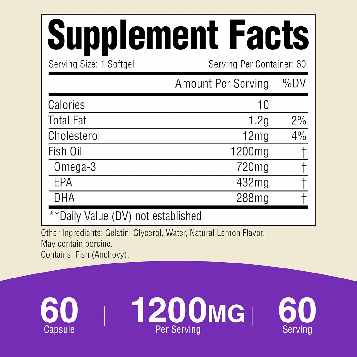 Omega-3 Fish Oil 1200mg, Lemon Flavour, High Potency EPA & DHA, Burpless Fish Oil Softgels for Heart, Brain & Joint Support, Omega 3 Supplement for Women & Men – 60 Softgels