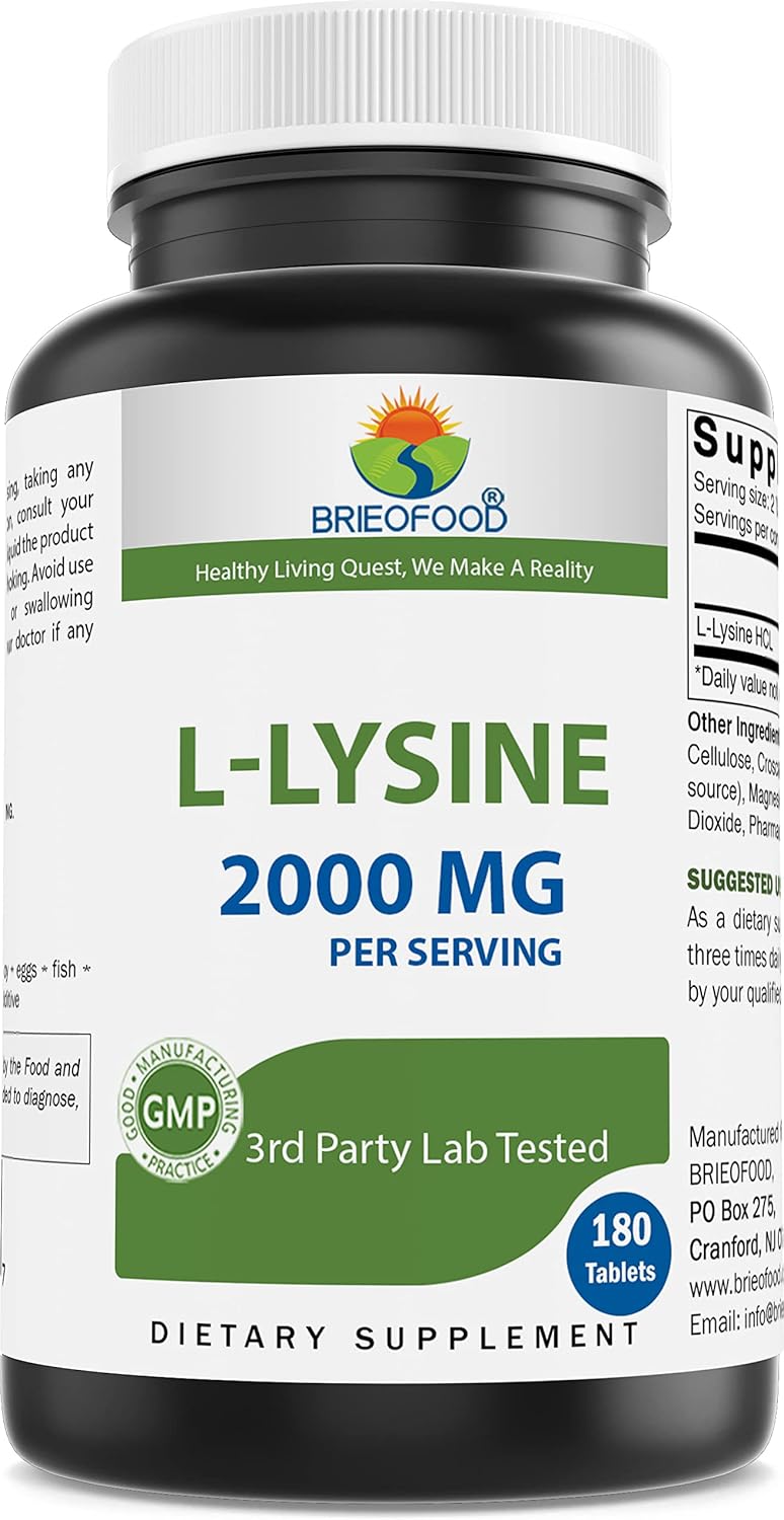 Brieofood L-Lysine 2000mg per Serving - 180 Vegetarian Tablets - Lysine for Cats & Immune Health