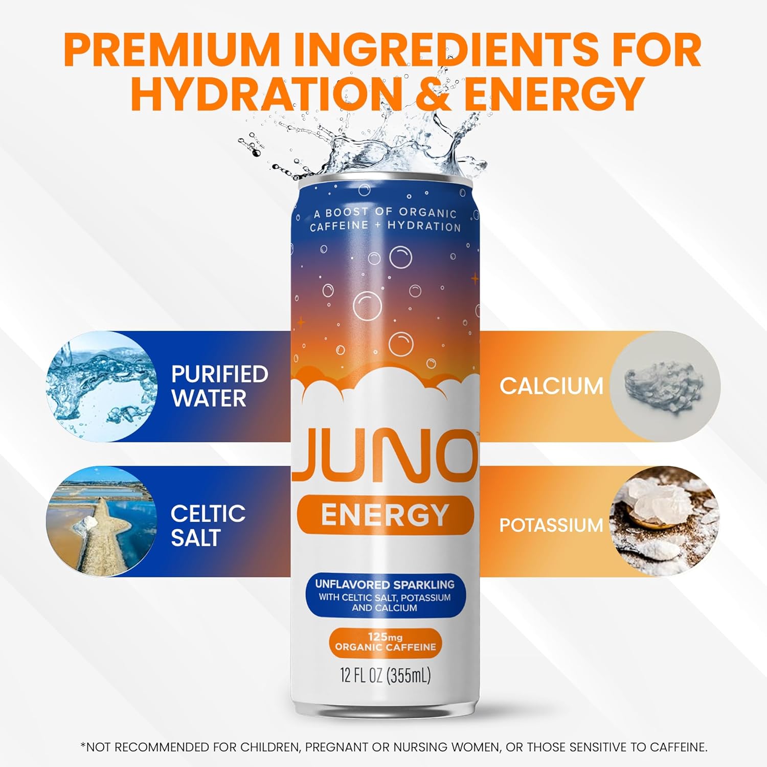 JUNO ENERGY Drink Unflavored Sparkling - Sugar Free Electrolytes, 125mg Organic Caffeine from Green Coffee Beans with Celtic Salt, Potassium & Calcium for Hydration & Energy - 12 Pack
