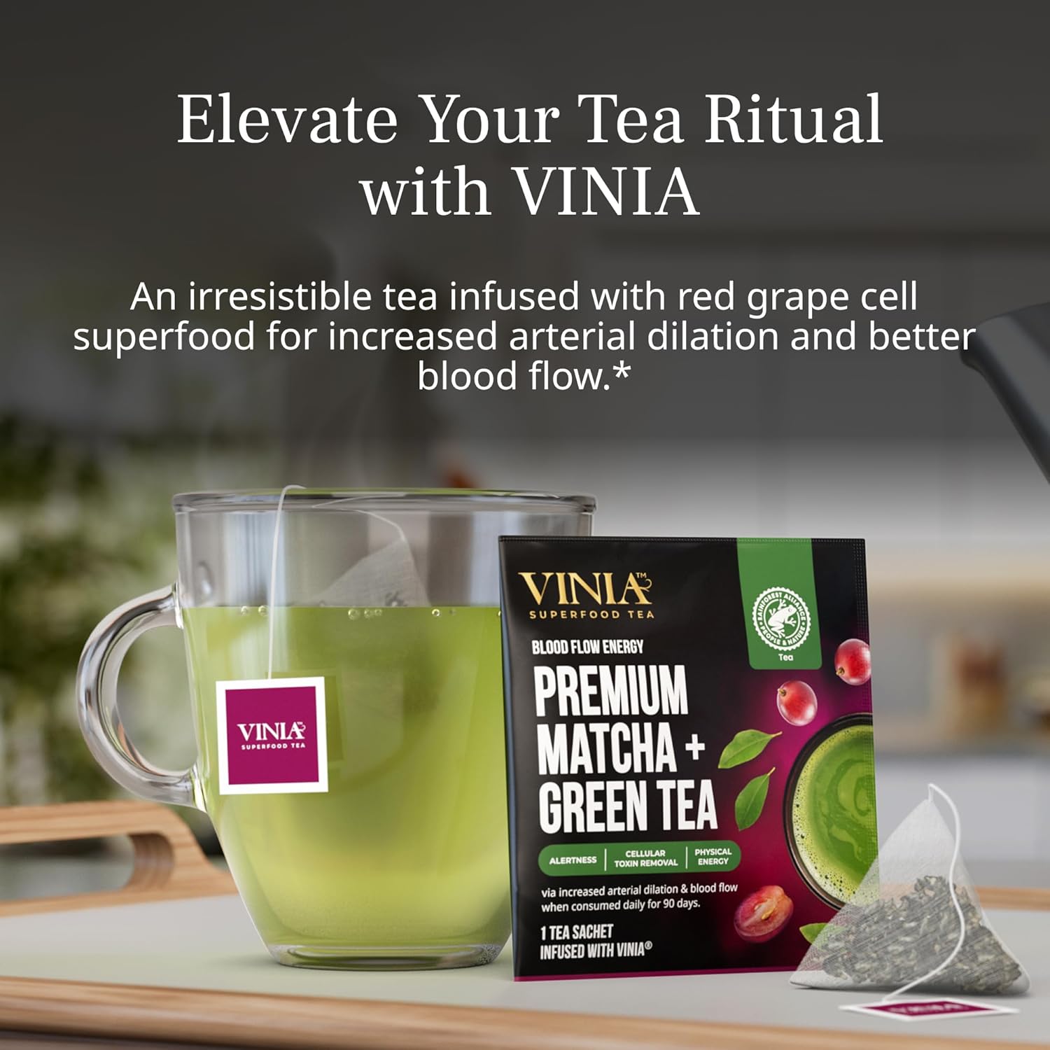 VINIA Premium Matcha + Green Tea Bags, Made with Organic Tea, Infused with Piceid Resveratrol for Heart Health, Nitric Oxide, Physical Energy, Alertness, Blood Flow, Keto, Kosher, NON-GMO. 30 Ct