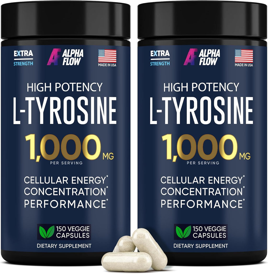 [2 Pack] L-Tyrosine 1000MG Capsules - Natural L Tyrosine Supplement for Kids & Adults - Energy Boost and Brain Supplement - 2x the potency of L-Tyrosine 500mg capsules - 300 Vegan LTyrosine Capsules