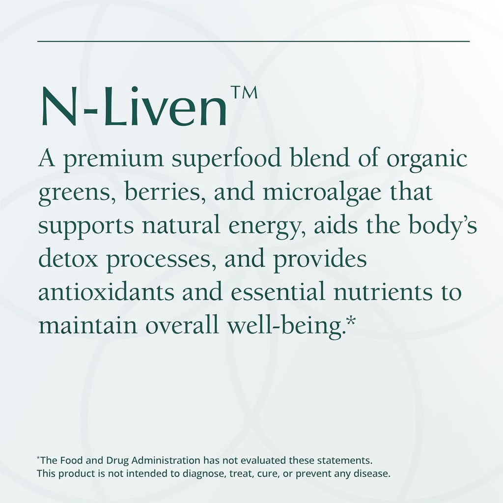Natura Health Products N-liven Supplement - Organic Superfood Greens Powder Drink - Including Spirulina & Chlorophyll - Premier Blend of Barley Grass, Kale, Spinach, Goji Berry, Raspberry (180 Grams)