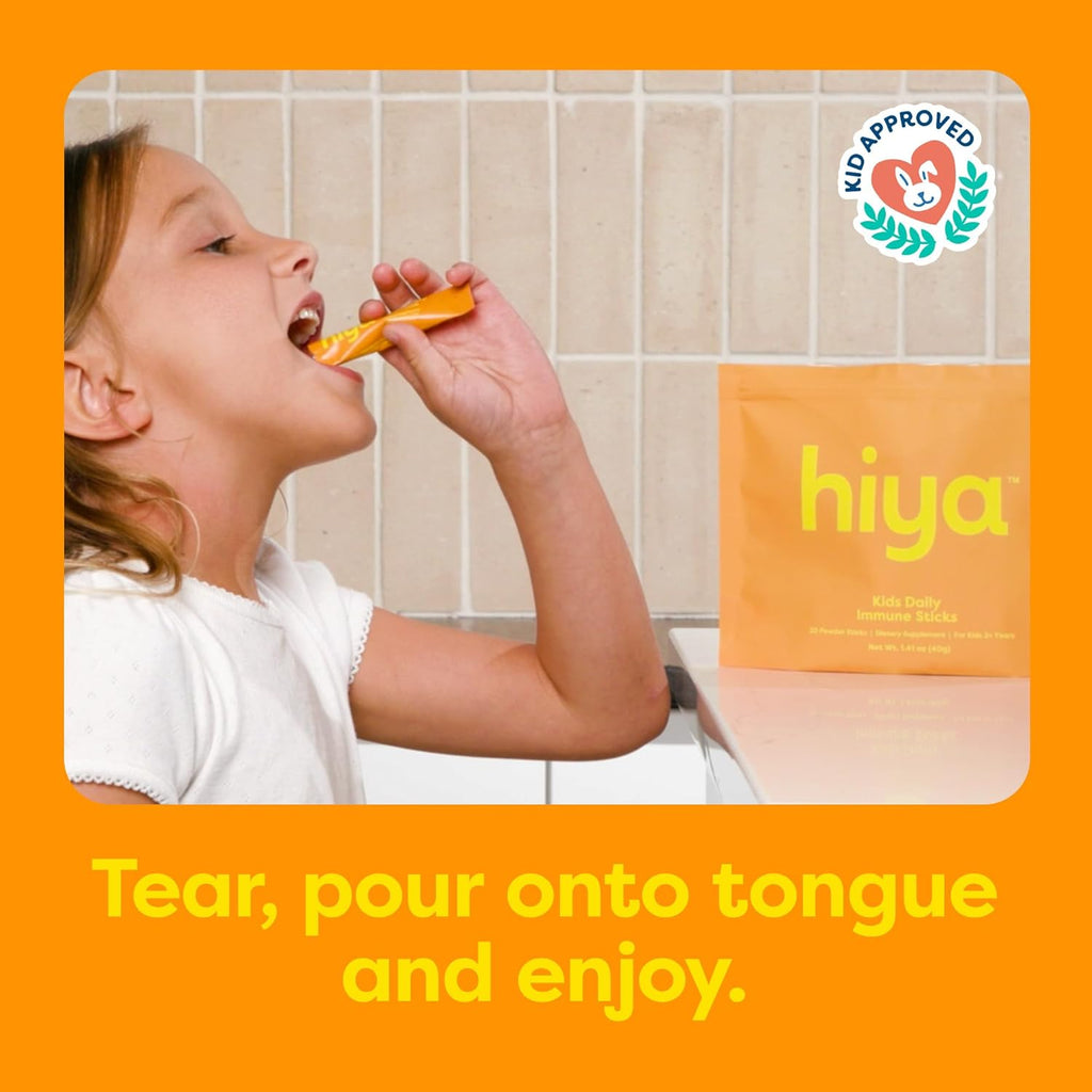 Hiya Kids Immune Support – Vitamin C, Elderberry & Beta Glucans for Ages 2+, Delicious Orange Flavor, 0g Sugar – 20 Stick Packs for Toddlers & Kids