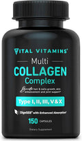 Vital Vitamins Multi Collagen for Women & Men - Type I, II, III, V, X - Grass Fed, Non-GMO - 150 Capsules