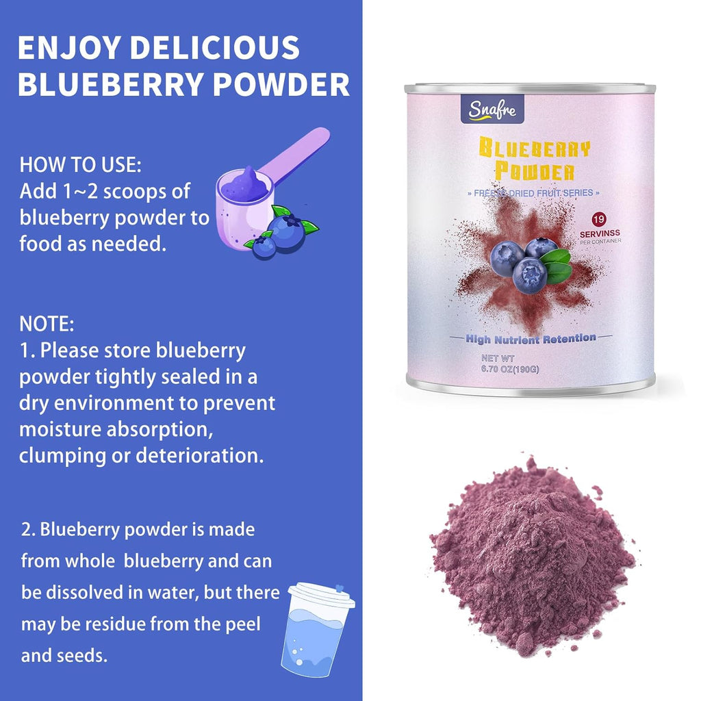 Blueberry Powder, 6.7OZ Freeze Dried Blueberry Pow der, Freeze Dried Fruit Powder, No Sugar & Additives, Great for Oatmeal, Cereal, Yogurt, Ice Cream, Pudding, Cookies, Cakes