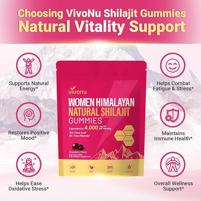Shilajit for Women Gummies, micronutrient Supplement, Pure Himalayan Shilajitn, Contains Tongkat Ali, Ashwagandhaa, Turmeric, Saffron for hormonal Balance & Energy | Strawberry Flavor (60 Gummies)