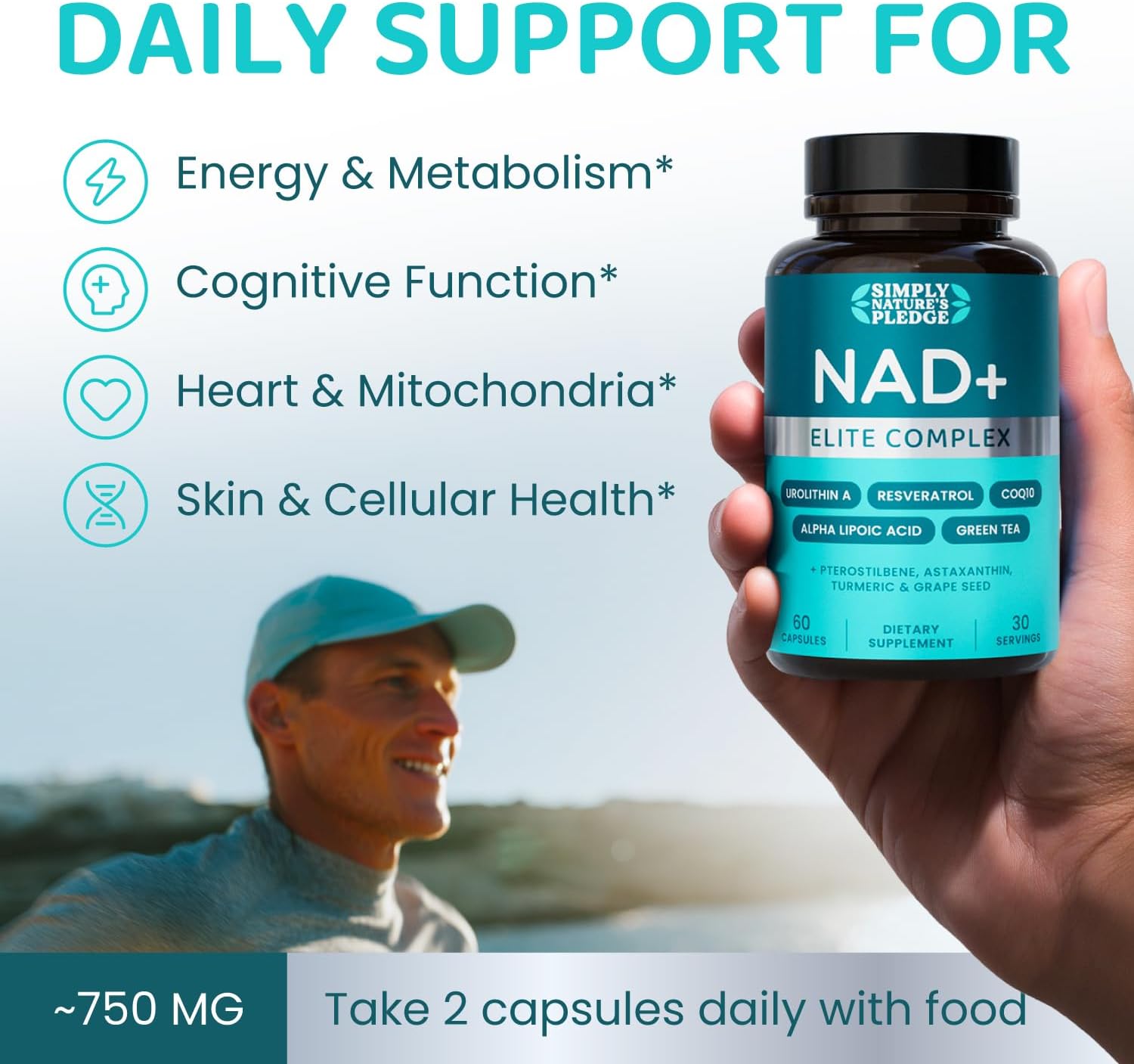NAD+ Elite Complex – Direct NAD+ 300 mg with Urolithin A, Resveratrol, CoQ10 & Antioxidant Blend – Cellular Energy, Mitochondrial Support & Healthy Aging – Vegan, Non-GMO, 60 Capsules (30 Servings)