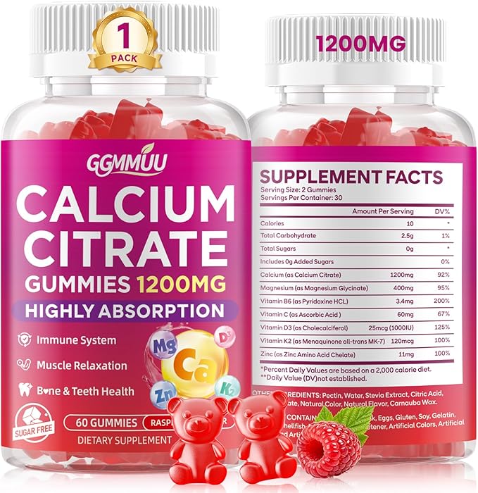 Calcium Citrate Gummies 1200mg, High Absorption Calcium Supplements for Women & Men, Sugar Free Calcium Gummies for B0ne, Muscle & Immune Support, Non-GMO, Vegan, Raspberry Flavor, 60 Count