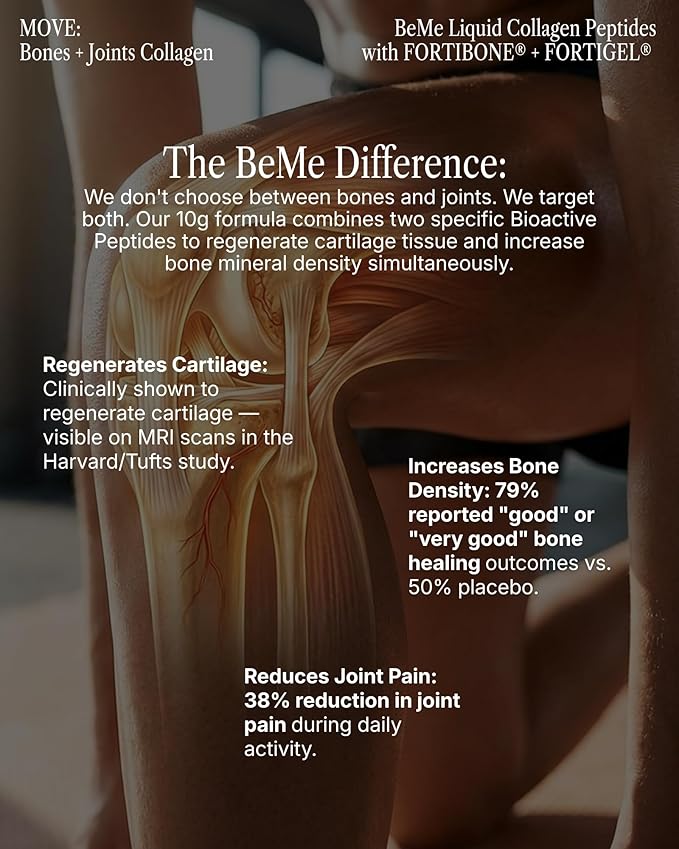 BeMe Bone & Joint Health Supplement - Liquid Collagen Peptides for Bone Density Support - 10,000mg FORTIBONE & FORTIGEL - German Engineered with Clinical Studies - 15 Sachets