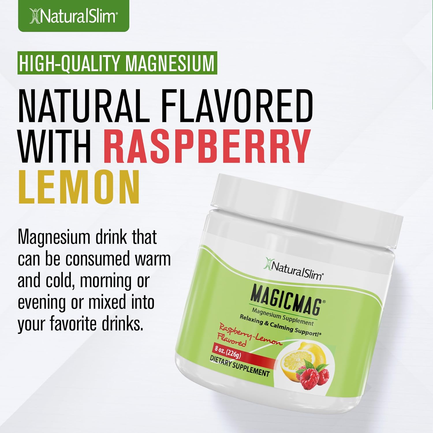 NaturalSlim Magicmag Pure Magnesium Citrate Powder Stress, Constipation, Muscle, Heart Health, and Sleep Support | Raspberry Lemon Magnesium Supplement - 8oz Drink Mix (3 Pack)