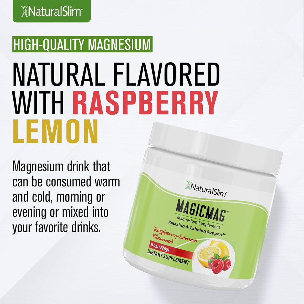 NaturalSlim Magicmag Pure Magnesium Citrate Powder Stress, Constipation, Muscle, Heart Health, and Sleep Support | Raspberry Lemon Magnesium Supplement - 8oz Drink Mix (2 Pack)