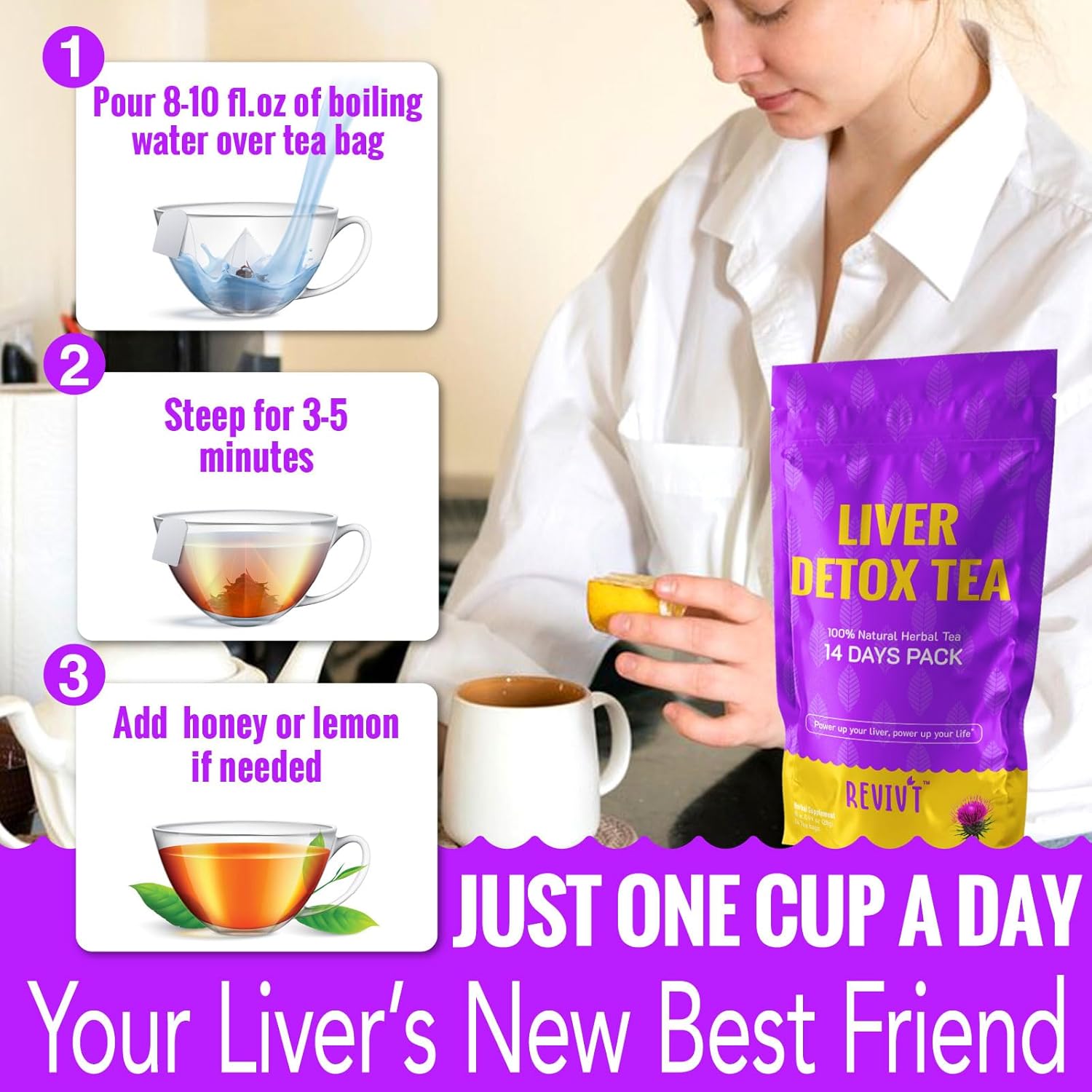 REVIVT Liver Detox Tea - Natural Liver Cleanse & Digestive Support, Herbal Blends with Milk Thistle, Artichoke, Liquorice, Caffeine Free, 14 Day Supply