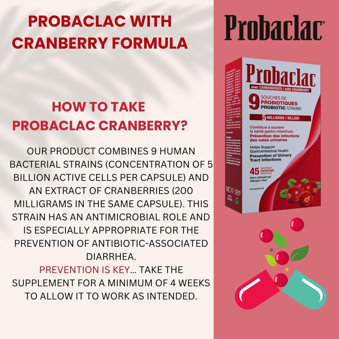 Womens Probiotic with Cranberry, Multi-Strain Supplement for Digestive Balance, Urinary Tract Health, Supports Gut Flora, UTI Defense, Immune Function, 45 Capsules, Made in Canada