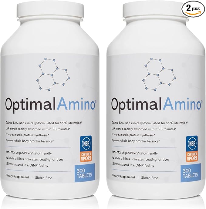 OptimalAmino Tablets Fitness Bundle (600 Count) | 99% Utilized Essential Amino Acid (EAA) Supplement | Increase Muscle Recovery, BCAA Protein Pre/Post Workout, NSF Certified for Sport® Certified