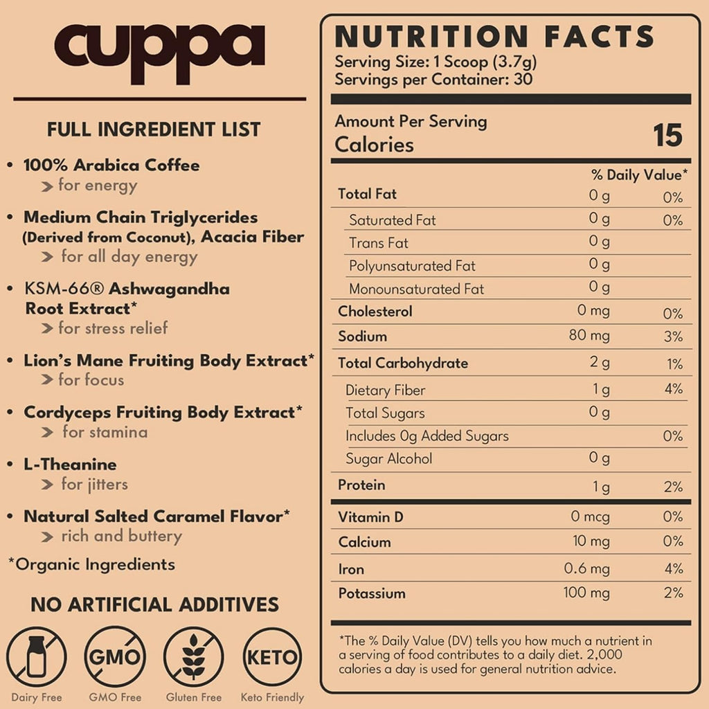 Cuppa Salted Caramel Healthy Mushroom Insant Coffee with Lion's Mane & Ashwagandha for All Day Energy & Focus - No Crash or Jitters - Nootropics for Brain Health, Gut Health, Immunity, Stress, Memory + Mood - 60 Servings