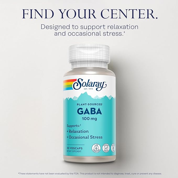 SOLARAY Plant-Sourced GABA 100 mg - Relaxation, Occasional Stress and Mood Support Supplement from Fermented Barley - Vegan, Gluten Free - 60-Day Guarantee - 30 Servings, 30 VegCaps