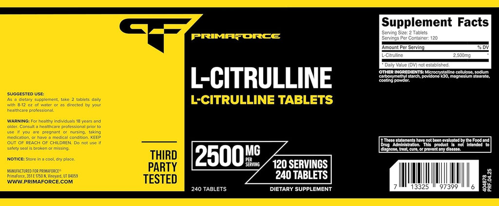 Primaforce L-Citrulline 2500mg, 240 Tablets, 120 Servings
