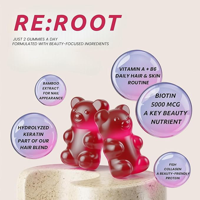 RE:ROOT Hair Beauty Gummies – 5000 mcg Biotin, Collagen, Keratin, MSM – Hair, Skin & Nails Support – Vegan – Berry Flavor – 60 Gummies