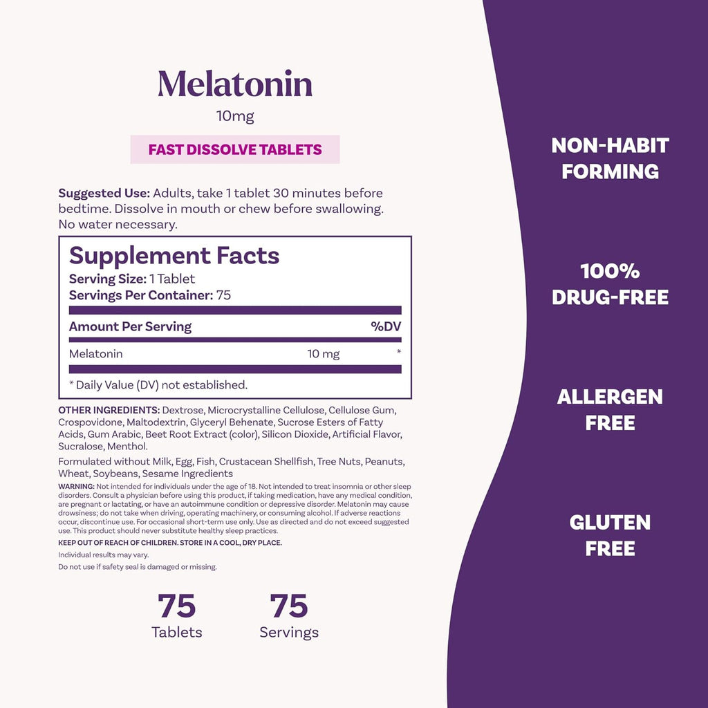 Natrol Fast Dissolve Melatonin 10 mg, Melatonin Supplements for Restful Sleep, Sleep Support for Adults, 75 Strawberry-Flavored Tablets, Up to a 75 Day Supply