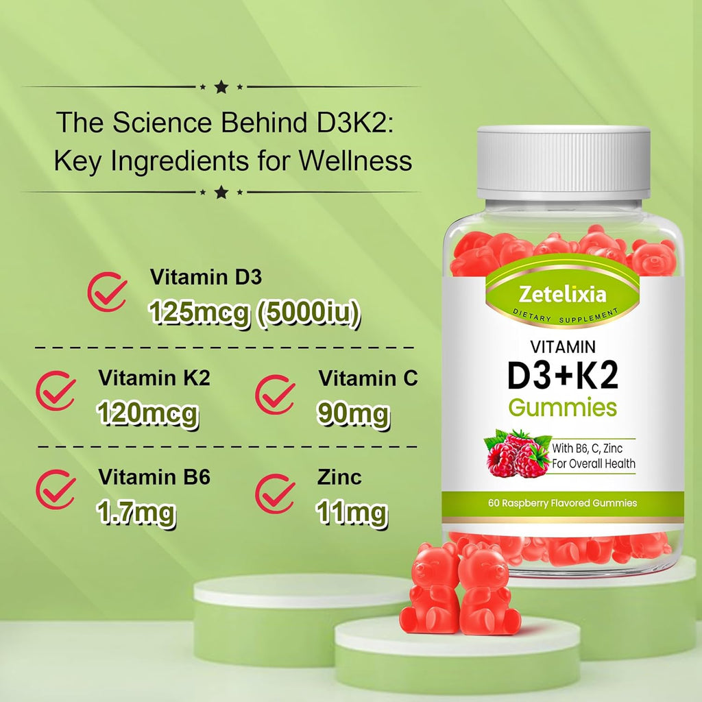 Vitamin D3 K2 Gummies for Adults, Vitamin D3 5000 IU & K2 (MK7) 120mcg, Sugar-Free D3 K2 Supplements with Vitamin B6, C & Zinc, Support Bone, Teeth, Muscle & Immunity, 120 Count