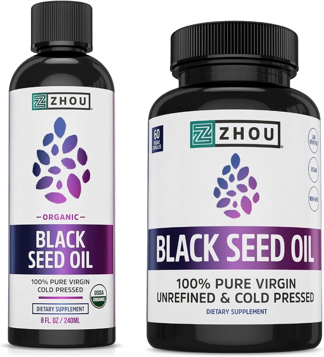 ZHOU Black Seed Oil & Capsules - Black Cumin Seed Oil Cold Pressed, Pure Unrefined Nigella Sativa, Premium Supplement for Health, Hair & Skin - 8 fl oz Bottle & 60 Capsules