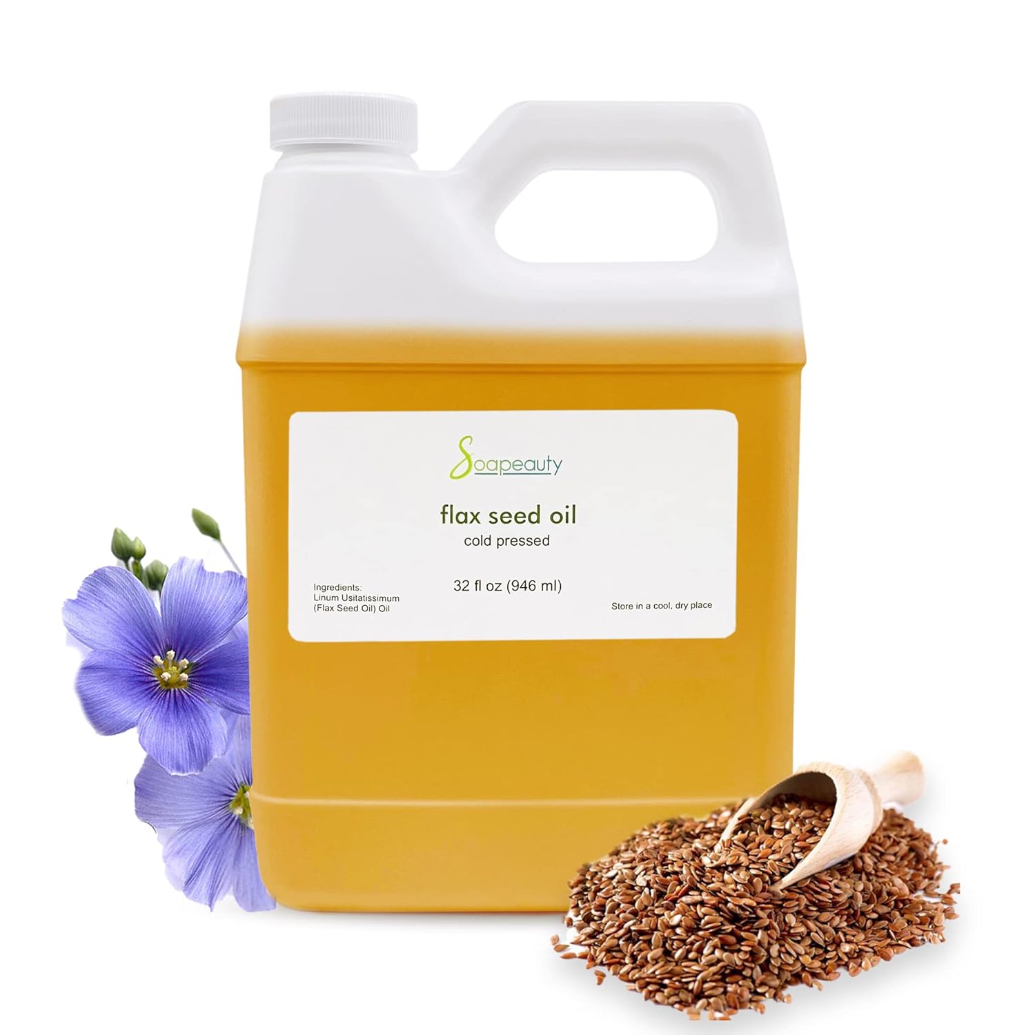 Soapeauty Flax Seed Oil Unrefined Cold Pressed 100% Pure and Natural | for Skin, Hair and DIY Recipes | Source of Omega-3 & ALA | 32 fl oz