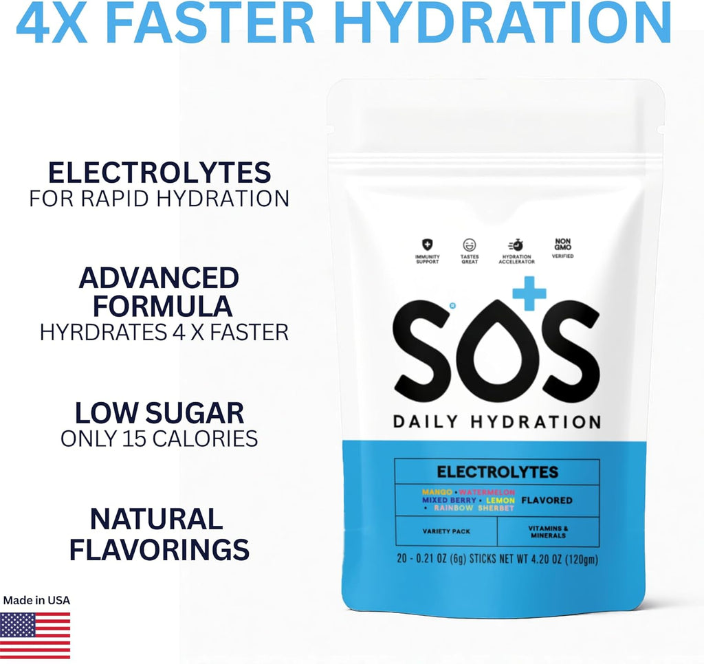 SOS Hydration Electrolyte Packets | 20 Servings | Essential Vitamins | Low Sugar | Keto-Friendly Hydration Powder | Variety