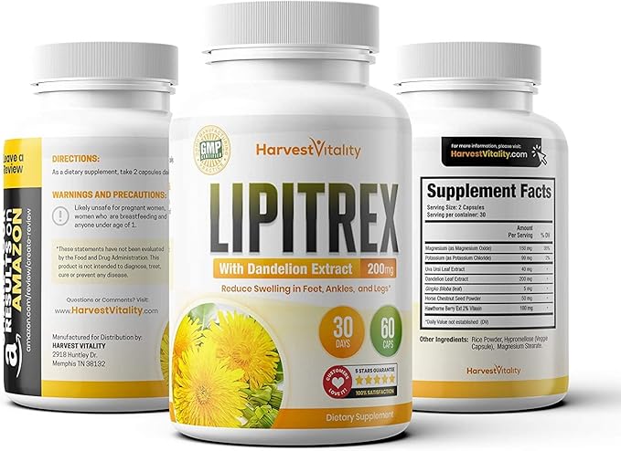 Lipitrex Natural Diuretic Water Pills with Dandelion – Herbal Support for Water-Balance; for Shoppers Searching for Diuretics for Water Retention in Legs, Feet, and Ankles