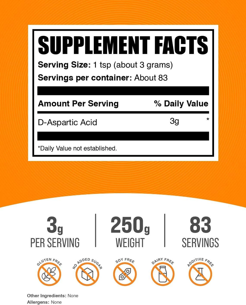 BulkSupplements.com D-Aspartic Acid Powder - D-Aspartic Acid Supplement for Men, Unflavored Amino Acid - Pure & Gluten Free, 3g per Serving, 250g (8.8 oz) (Pack of 1)