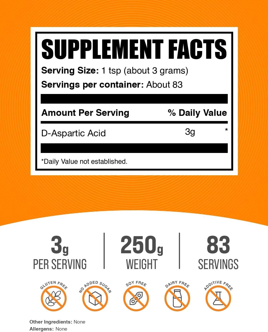 BulkSupplements.com D-Aspartic Acid Powder - D-Aspartic Acid Supplement for Men, Unflavored Amino Acid - Pure & Gluten Free, 3g per Serving, 250g (8.8 oz) (Pack of 1)