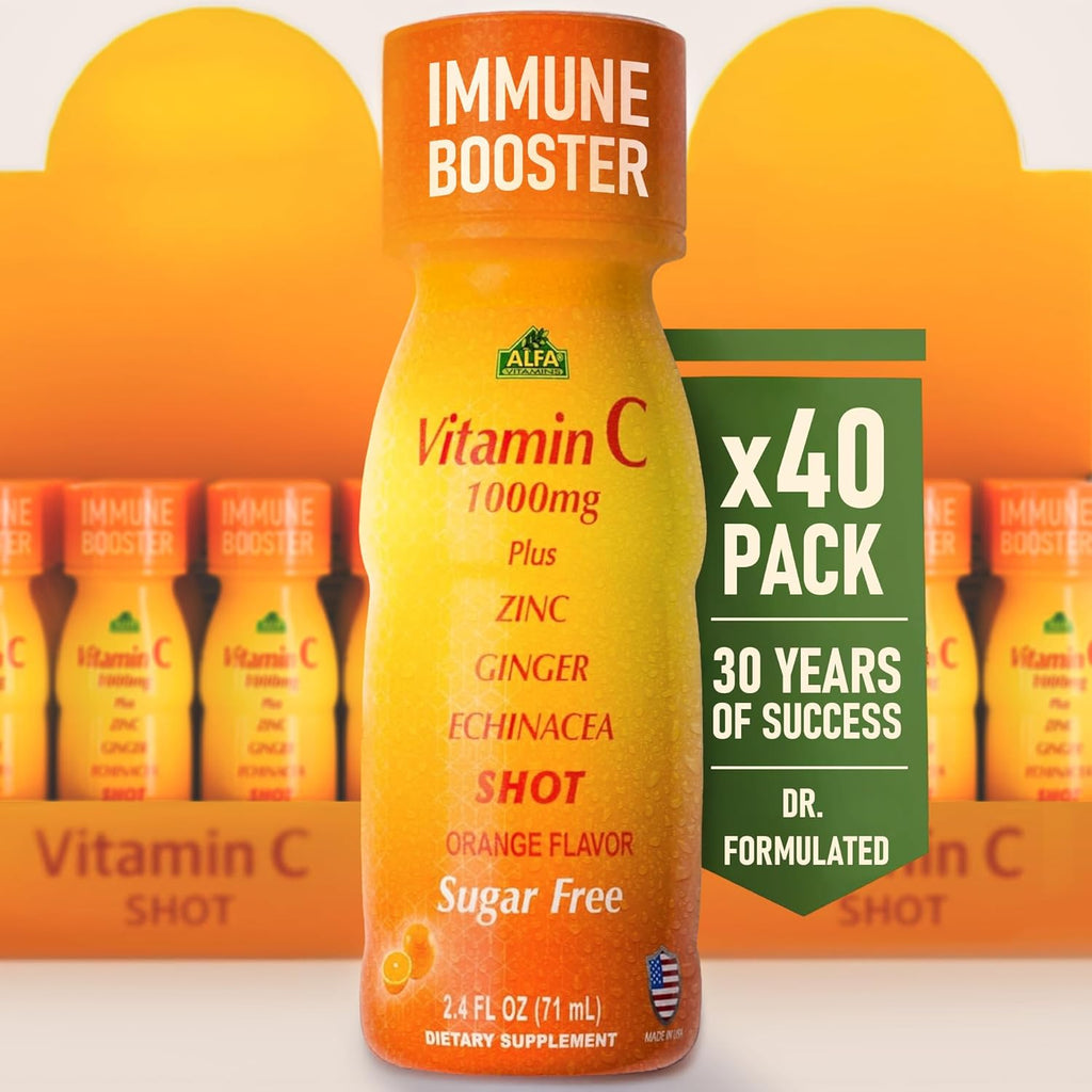ALFA VITAMINS Vitamin C Shot 1000mg with Zinc, Ginger & Echinacea – Supports Immune Health & Daily Wellness – Orange Flavor – 2.4 FL Oz Bottle – 40 Pack