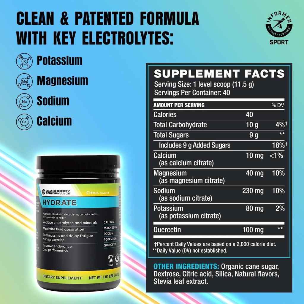 BODi Hydrate Performance Hydration Supplement, Quercetin Enriched Electrolyte Powder, 4 Key Electrolytes: Potassium, Magnesium, Sodium, Calcium - Supports Endurance & Fluid Balance, Citrus, 40 SRV