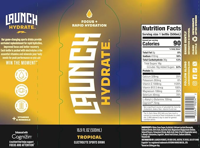 Sports Drink: Tropical Flavor - 16.9 Oz (12 Pack), Energy Drink + Hydration, Real Cane Sugar, Electrolytes, Cognizin for Focus, Vitamin B12 Energy Boost, L-Glutamine Hydration Formula, No Artificial Sweeteners, Colors, or High Fructose Corn Syrup – Tru...
