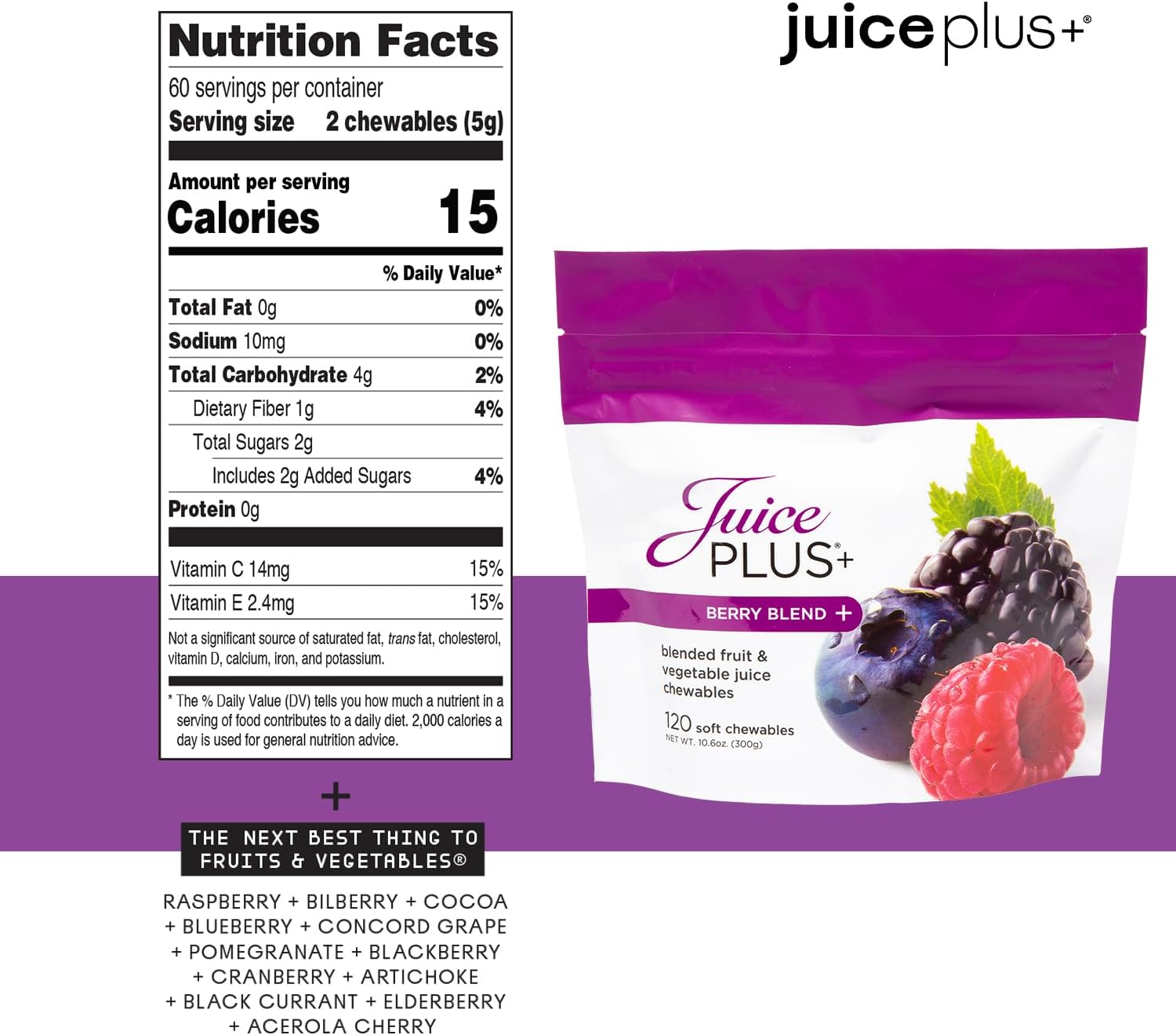 JuicePlus+ Fruit, Vegetable & Berry Blend Soft Chews (Chewables) - 30 Plant-Based Ingredients! Vegan Gummies for Kids & Adults - Gluten-Free, Non-GMO, No HFCS - Prepacked 3 pouches (30 Chews Each)