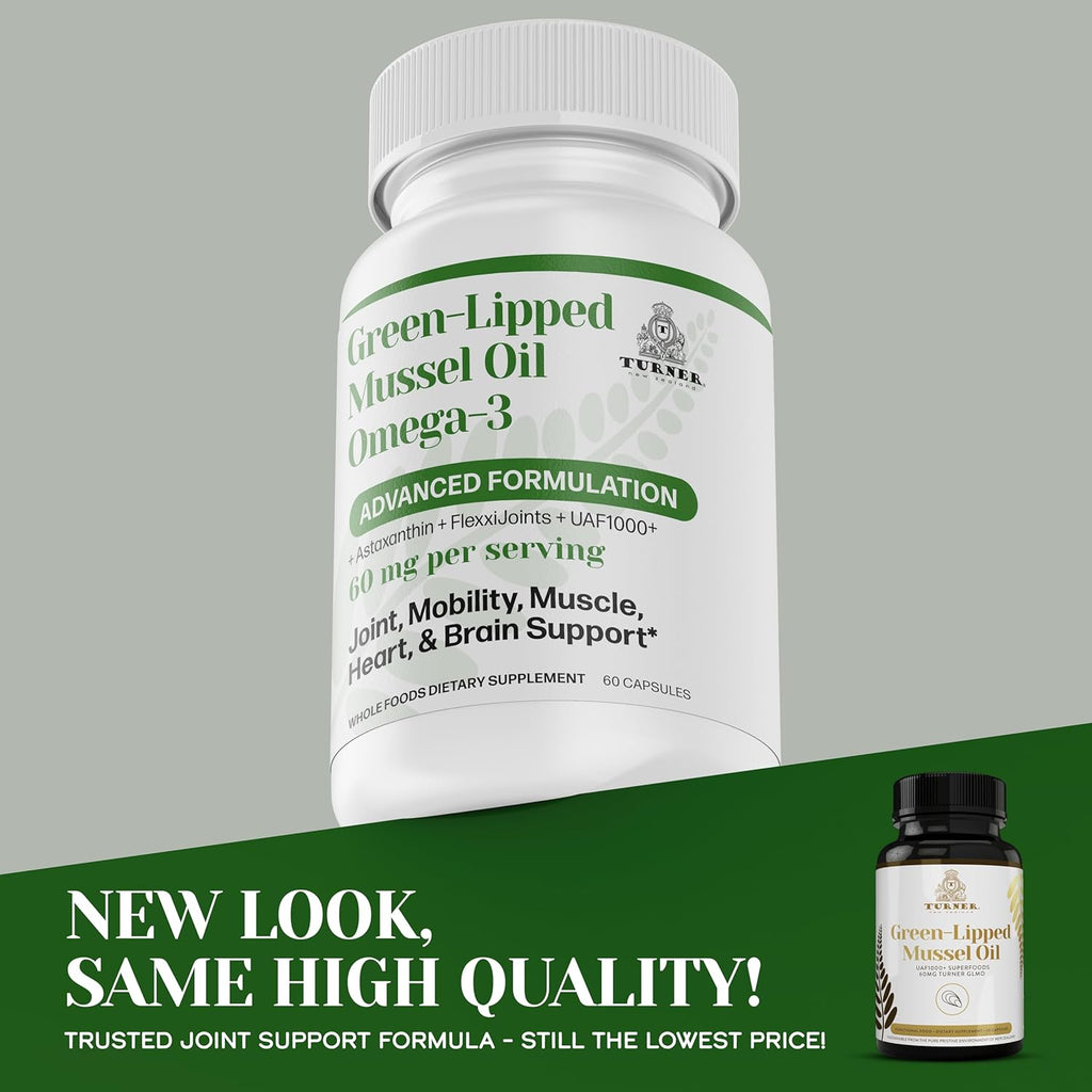 TURNER New Zealand Green Lipped Omega-3 Mussel Oil, 53x Higher Potency with UAF1000+ Super Antioxidant for Superior Joint Comfort & Mobility, No Fishy Aftertaste, 3 Bottles, 180 Softgels