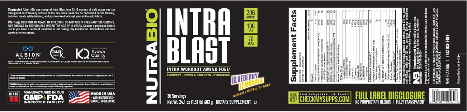NutraBio Intra Blast Bcaa Powder Amino Acid Supplement, Electrolyte & Hydration Blend, Intra, Pre Workout & Muscle Recovery, 20g Eaa Amino Acids Powder, 5g Glutamine- Blueberry Lemonade, 30 Serving