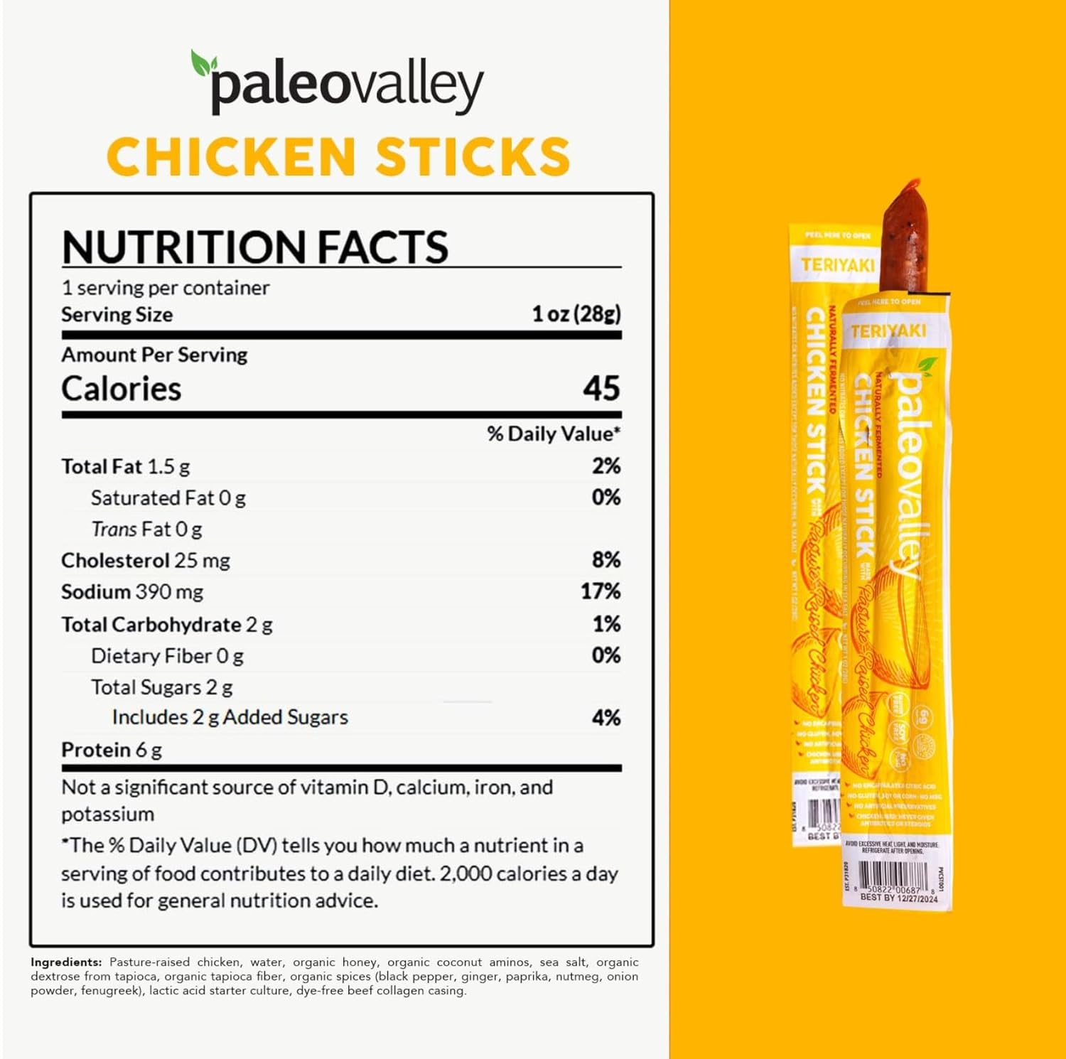 Paleovalley Pasture-Raised Chicken Sticks – 10 Pack – 7g Protein per Stick – Keto-Friendly, Paleo, Gluten-Free, Nitrate-Free – On-the-Go Snack (10 Pack, Teriyaki)