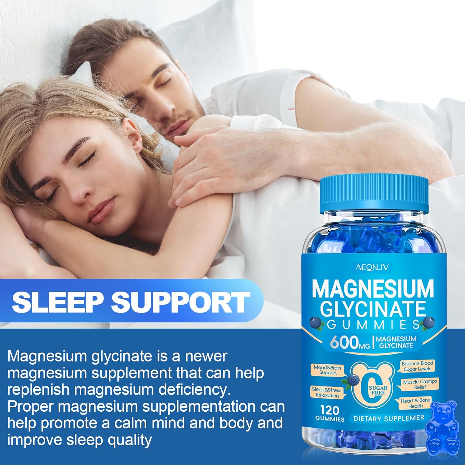 Magnesium Glycinate Gummies 600mg, Chewable Sugar Free Potassium Magnesium Gummies for Sleep, Body Support and Relaxation, Magnesium Supplements with Vitamin D, B6, and CoQ10 for Men & Women
