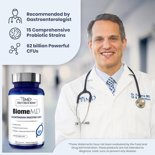 1MD Nutrition BiomeMD Probiotics | 62 Billion CFUs, 15 Comprehensive Strains - Pro & Prebiotics | Doctor-Formulated for Digestive Health & Immune Support | 30 Capsules