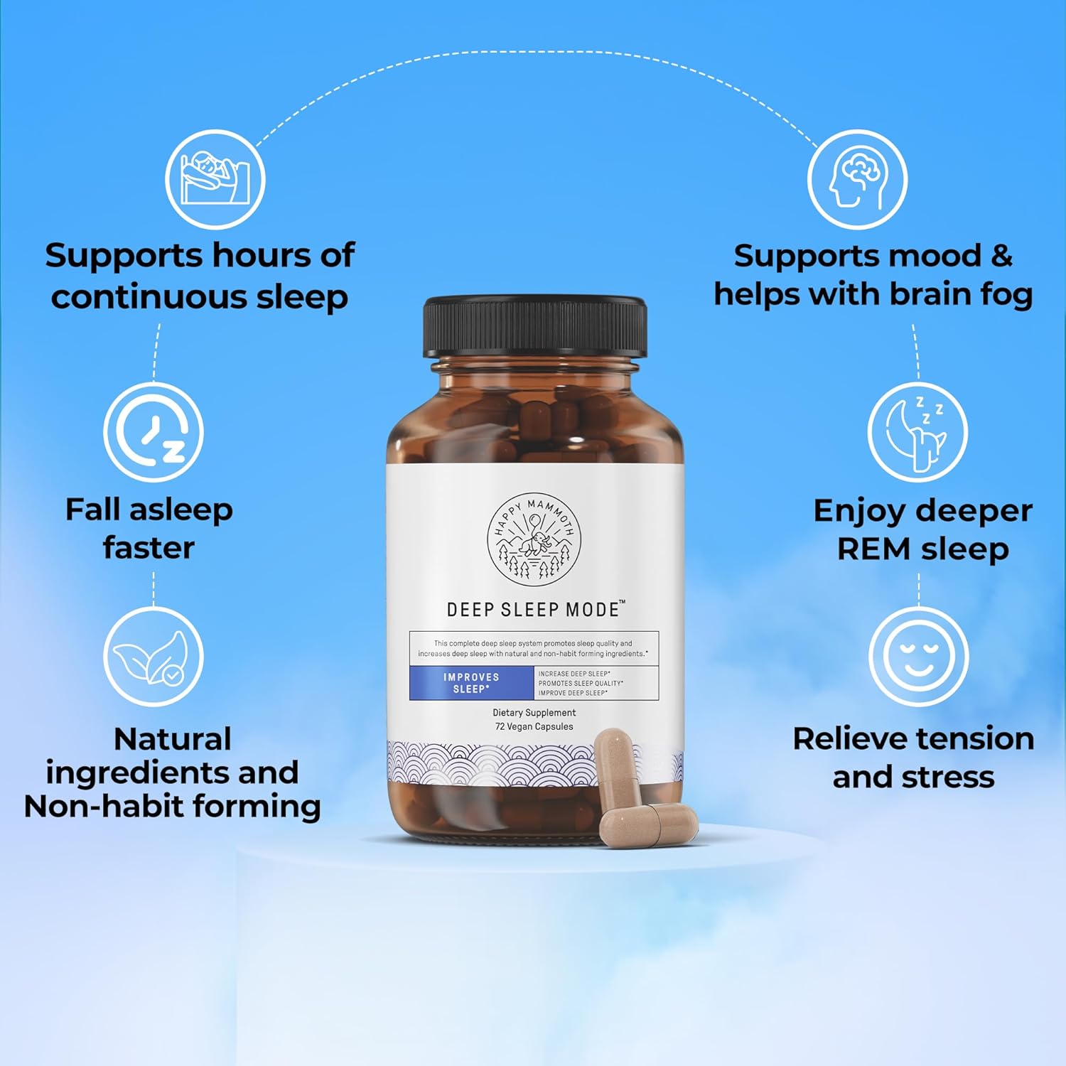 Happy Mammoth Deep Sleep Mode. Get A Perfect 7-9 Hours Sleep. Melatonin Free, Improves Sleep, Deeper Sleep, Less Waking Up. 3-in-1 Non-Habit-Forming Formula Calms The Nervous System for Better Sleep.