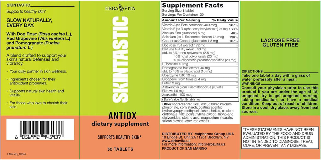 Skintastic Antiox 30 Tablets - Dietary Supplement with Antioxidant Properties, Beta Carotene, Astaxanthin, Coenzyme Q10, Lycopene and Selenium to Support Healthy Skin