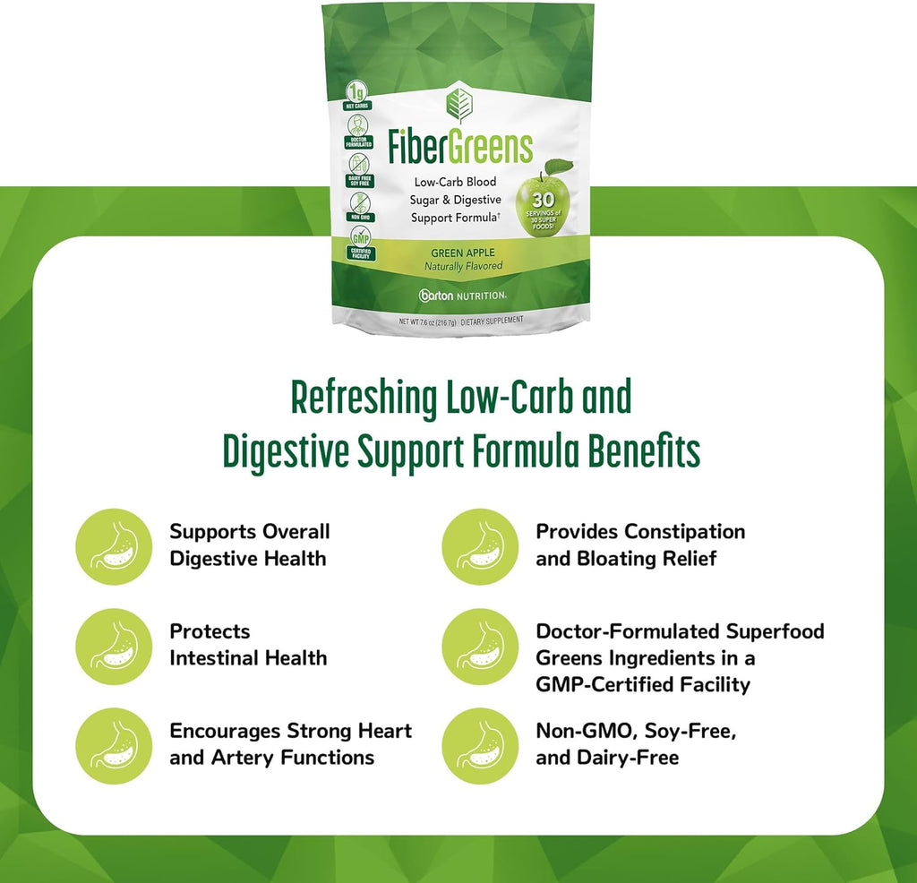 Green Apple Fiber Greens - Low-Carb Probiotics for Gut Health - Blood Function Support - Naturally Flavored Probiotic Formula with 30 Superfoods - Protects Heart Health, 30 Servings