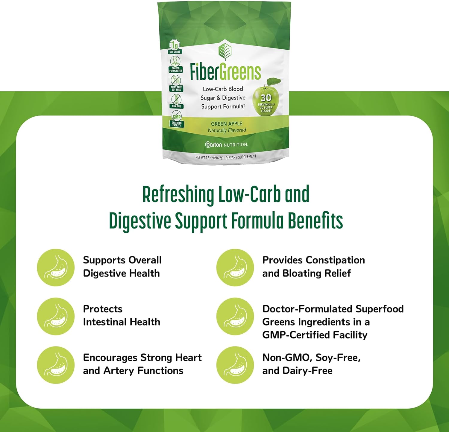 Green Apple Fiber Greens - Low-Carb Probiotics for Gut Health - Blood Function Support - Naturally Flavored Probiotic Formula with 30 Superfoods - Protects Heart Health, 30 Servings