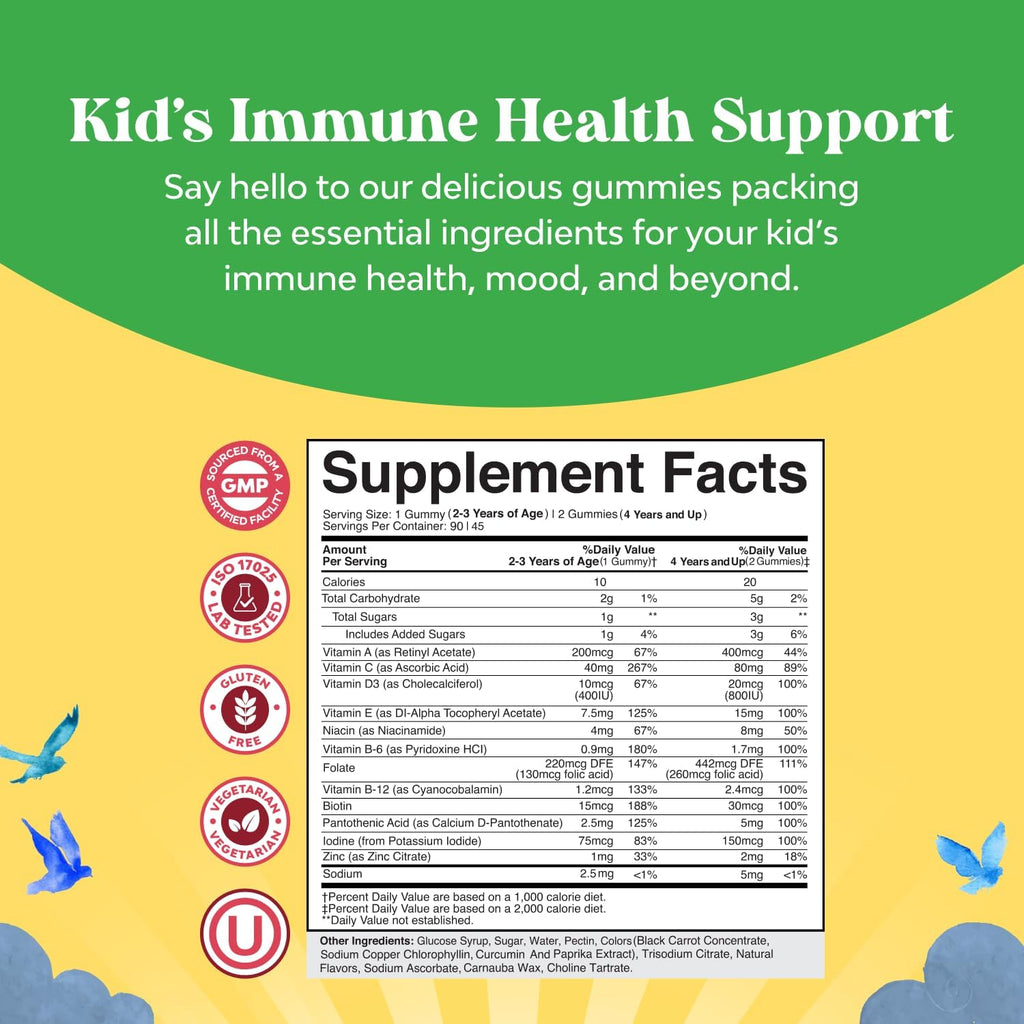 Plant Based Kids Multivitamin Gummies - Multivitamin for Kids Immune Support with Vitamins A, C, D3, E, B6 & B12, Zinc & Iodine - Children's Vitamins Chewable Formula for Strong Health - 90 Count