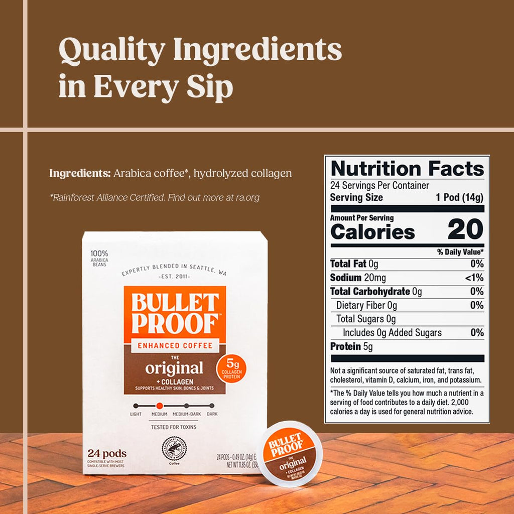 Bulletproof Coffee + Collagen Single-Serve Coffee Pods, 24 Count, Clean Coffee Tested for Toxins, Packaging May Vary